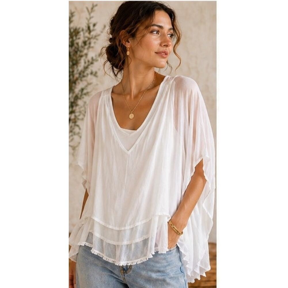 Seta White Sheer Layered Blouse Flowy V Neck M Tiered Hem Boho Lightweight Top